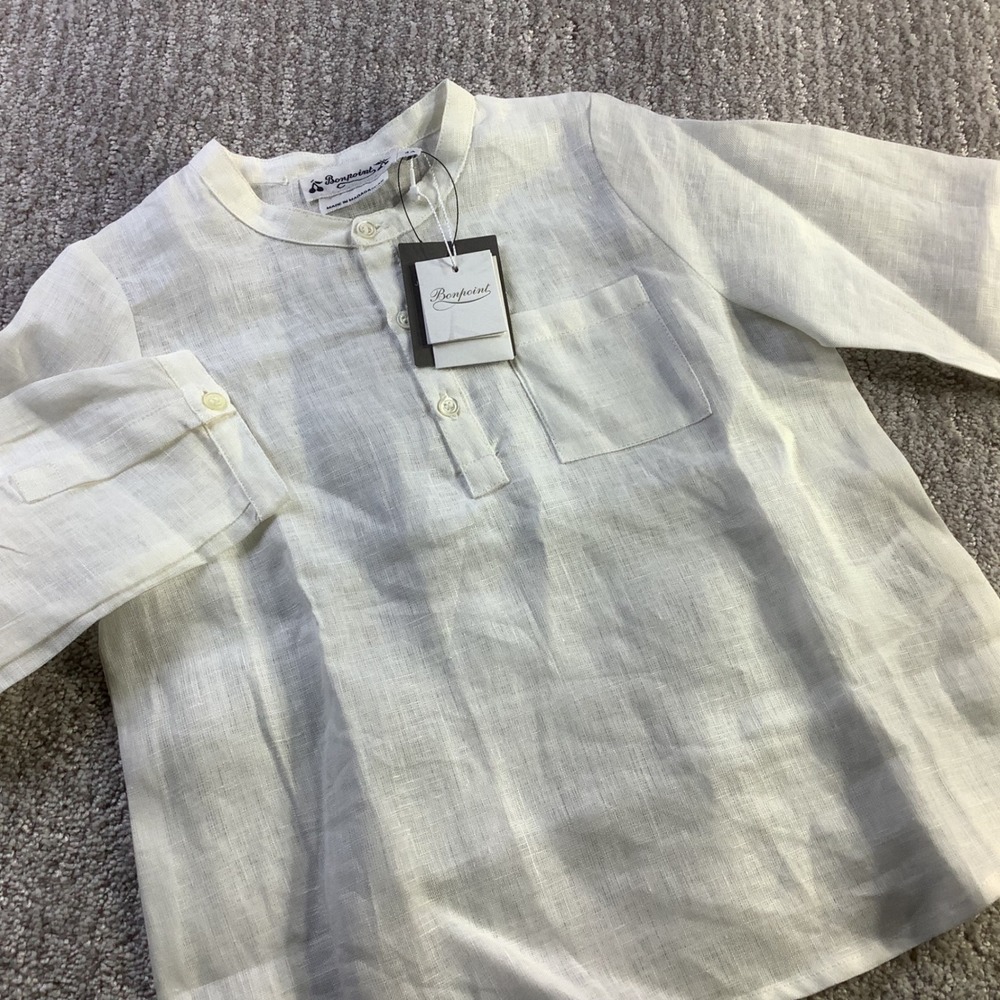 Bonpoint Kids White 100% Linen Peartiste Grandad Collar Shirt Size 4A NWT